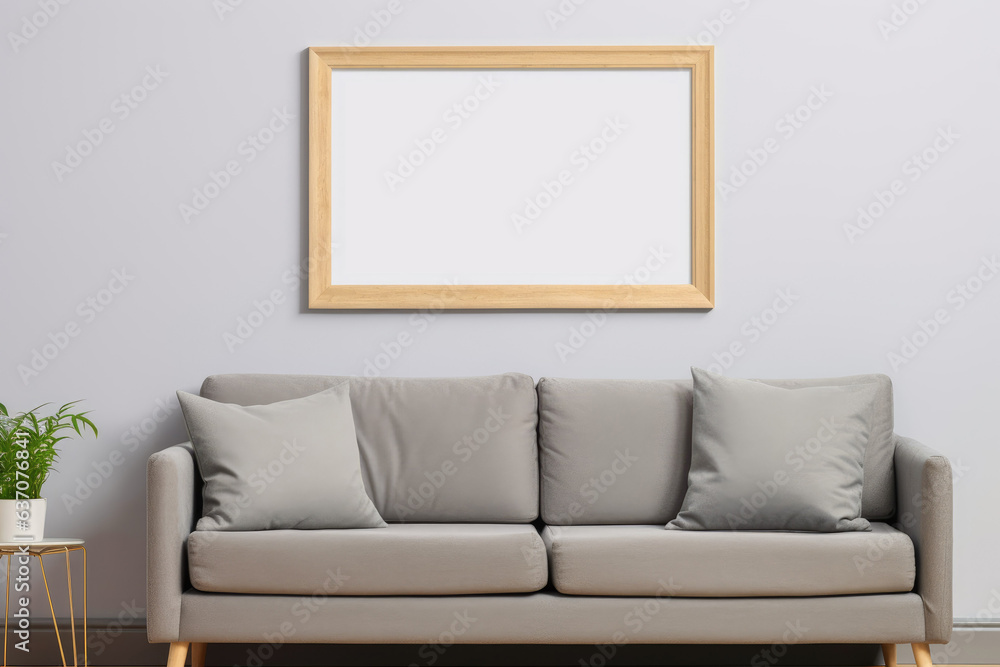 Blank white wall art mockup. One horizontal frame with wooden border. Living room Blank white wall art mockup. One horizontal frame with wooden border. Living room
