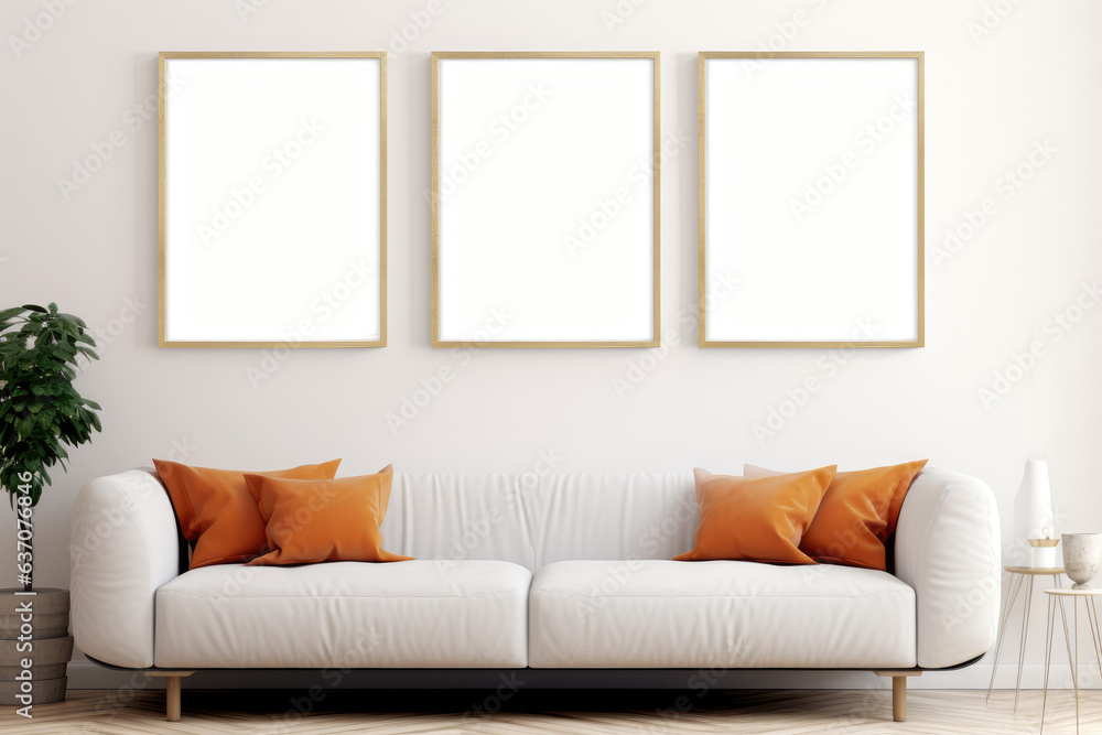 Wall art mockup. Three frames with wooden borders. Living room with white background
