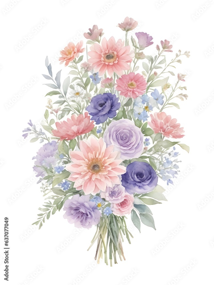Watercolor Illustration of a Loose and Natural Bouquet of Flowers. Watercolor Bouquet of Pastel Flowers. Pastel Floral Arrangement in Watercolor Style. Generative AI Watercolor Illustration of a Loose and Natural Bouquet of Flowers. Watercolor Bouquet of Pastel Flowers. Pastel Floral Arrangement in Watercolor Style. Generative AI