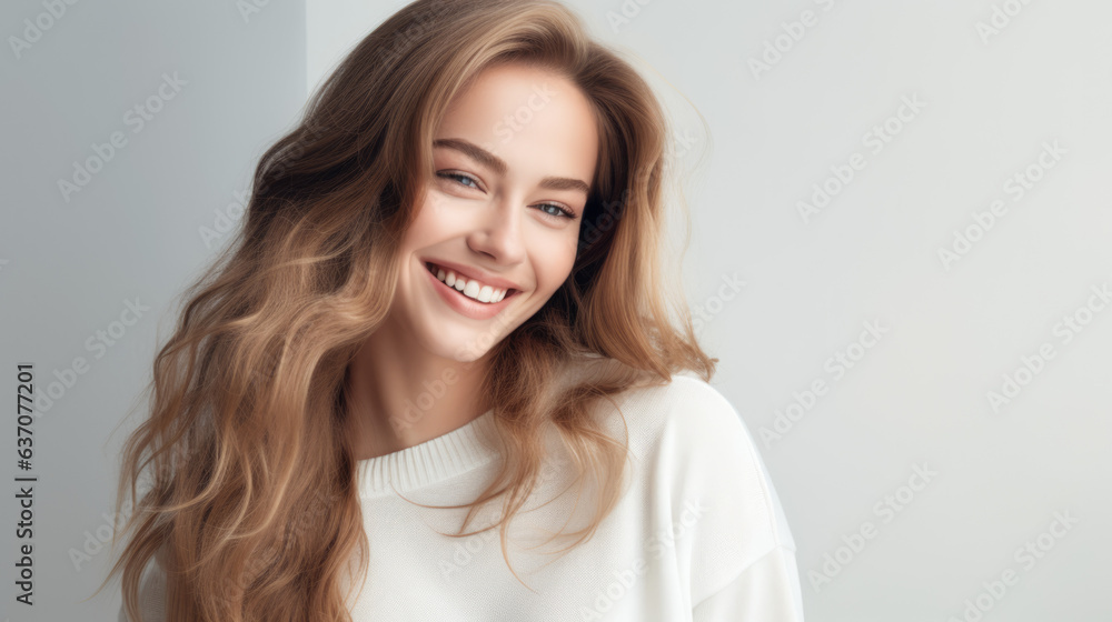 Woman with Broad Smile, White Sweater, and Long Hair Woman with Broad Smile, White Sweater, and Long Hair