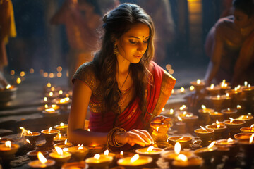 Indian women wearing traditional dress lighting diya lamps at temple on Diwali night. Religious ritual. 