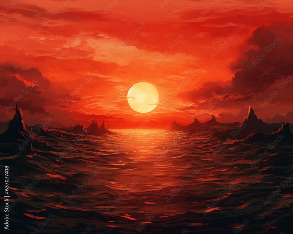 Red sky with rising sun background