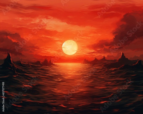 Red sky with rising sun background