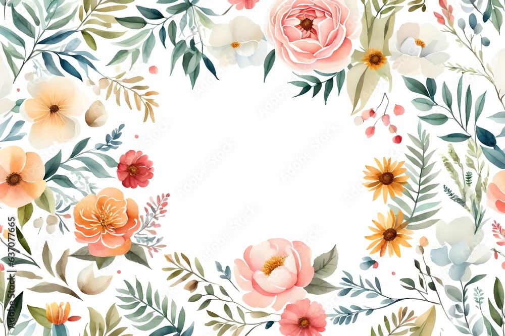 Watercolor floral illustration - white flowers, rose, peony, leaves and branches wreath frame. Decorative elements template. Flat cartoon illustration isolated on white background