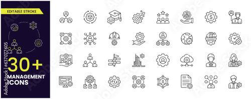 Management stroke Icon Collection. Thin Line Set contains such Icons as manage team, Team leader Human Resource, Experience and more. Simple web icons set.