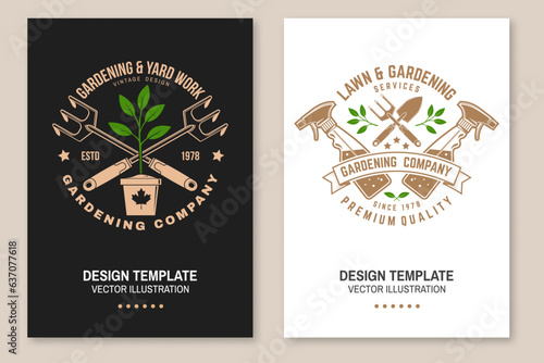 Set of gardening and yard work services poster, banner. Vector illustration. Poster design with hand garden trowel, farming fork, sprayer, flower in pot, gardening equipment silhouette.