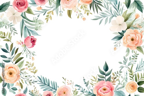 Watercolor floral illustration - white flowers, rose, peony, leaves and branches wreath frame. Decorative elements template. Flat cartoon illustration isolated on white background © Mustafa_Art