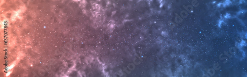 Cosmos background. Starry nebula with magic shine. Wide color space texture. Bright cosmic wallpaper. Realistic stardust effect. Shining gradient sky. Vector illustration
