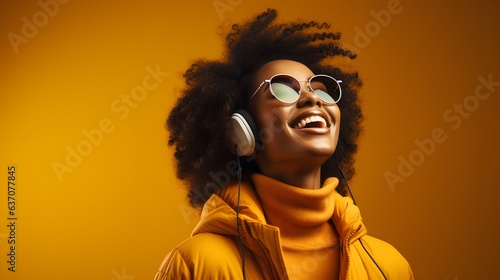 Radiant Black Woman: Joyful Pose Against Vibrant Yellow Backdrop
