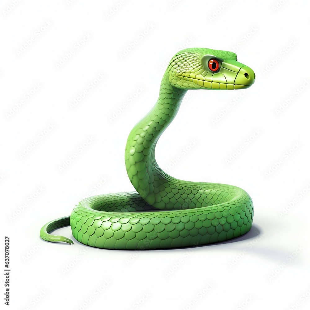 Fototapeta premium Bright Green Snake Isolated on White Background. Generative ai