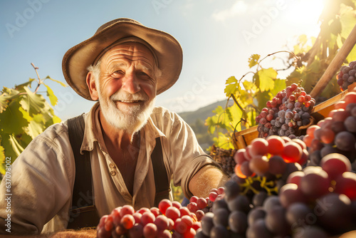 Senior winemaker harvesting grapes in a vineyard on a sunny day.  photo