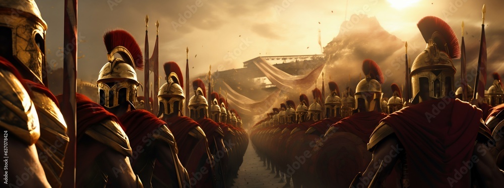 Legion of Spartan Warriors in Battle. Generative ai - obrazy, fototapety, plakaty 