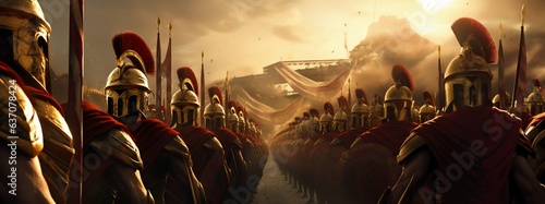 Legion of Spartan Warriors in Battle. Generative ai photo