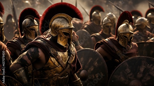 Legion of Spartan Warriors in Battle. Generative ai