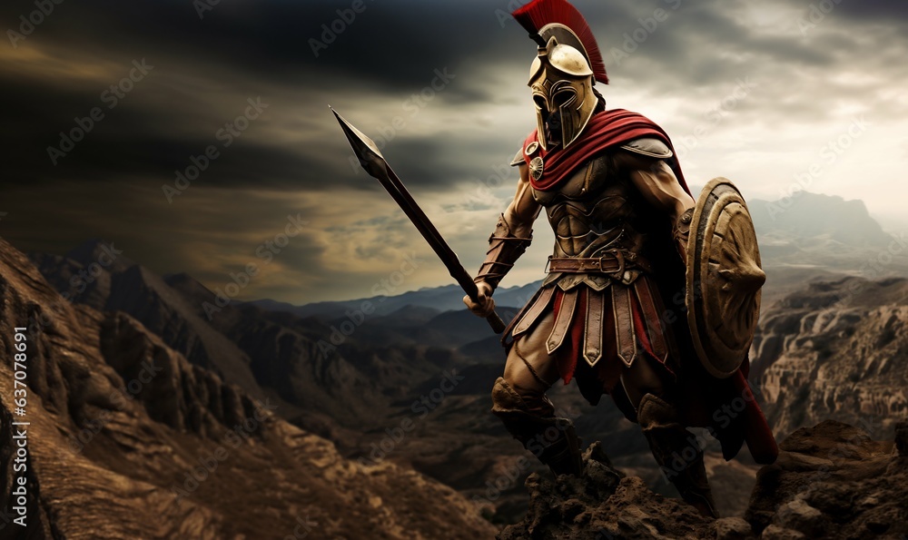 Spartan Warrior Overlooking from Mountain Summit. Generative ai - obrazy, fototapety, plakaty 