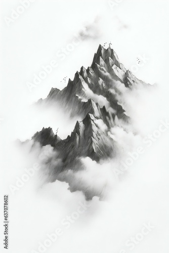 Charcoal Sketch of Mountain Top Isolated on White Background. Generative ai