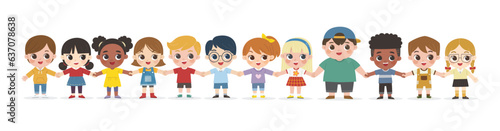 Children's activities. Happy kids jumping together on the background. Boys and girls are playing together happily. Vector illustration.
