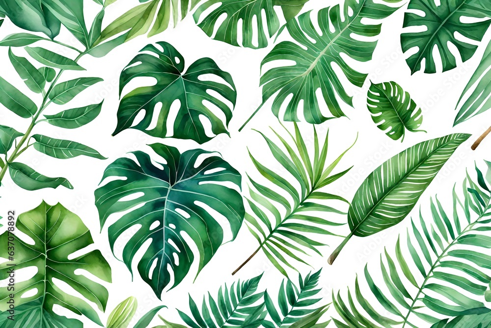 Watercolor set of tropical leaves on white background. Philodendron leaves, calathea, palm leaves, scindapsus leaves. Hand drawn botany set. Illustration fo
