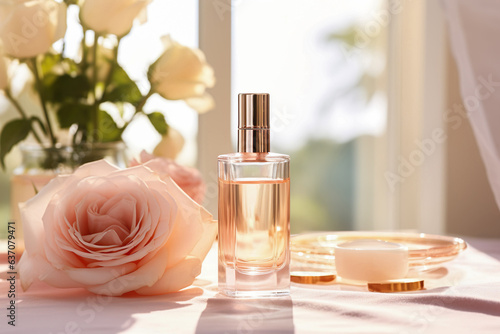 A bottle of perfume on the window of the house on a beige background, with some flowers and roses, front photo, natural light, concept of relaxation, beauty, health and wellness.