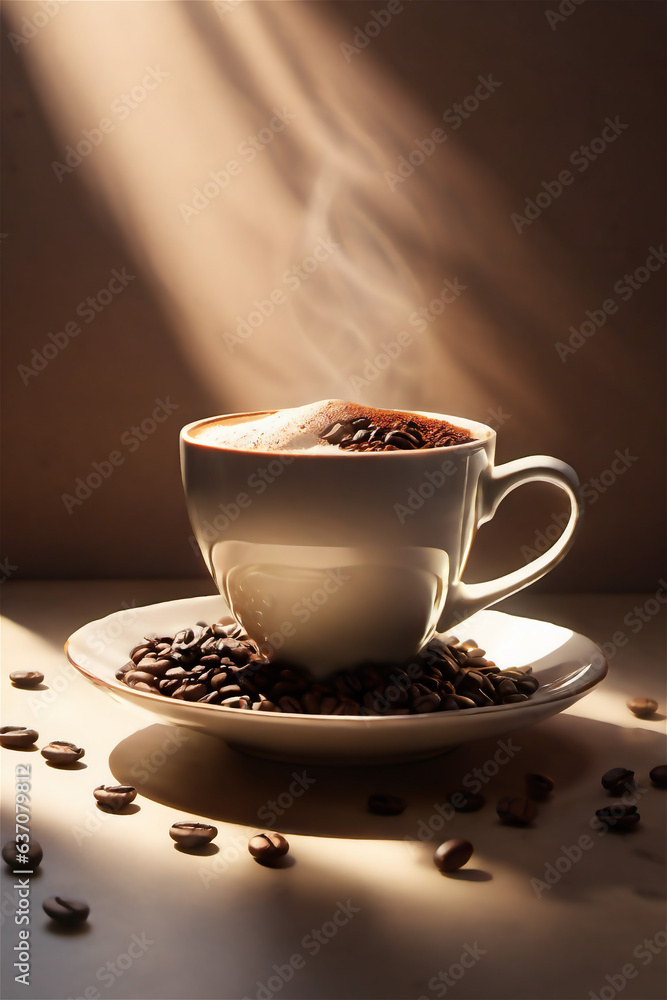 Luxurious setting with cup of fresh coffee with smoke coming from it. Luxurious setting with cup of fresh coffee with smoke coming from it.