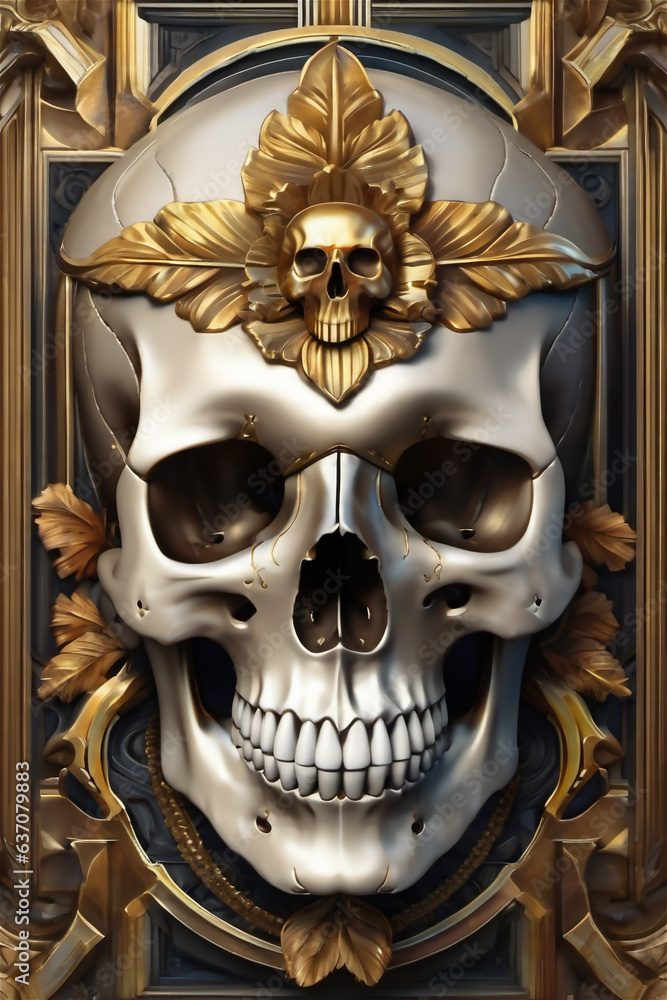 Black skull with gold details, leaves and flowers. Tortuous image. face of death Day of the dead cranes. Black skull with gold details, leaves and flowers. Tortuous image. face of death Day of the dead cranes.