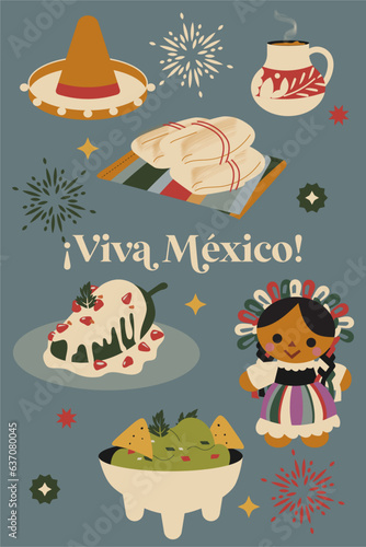 Invitación iconos para celebrar 15 de septiembre, grito de independencia ¡Viva México!, fiesta mexicana con decoraciones tradicionales, comida mexicana. Muñeca Lele, sombrero, chiles nogada, guacamole