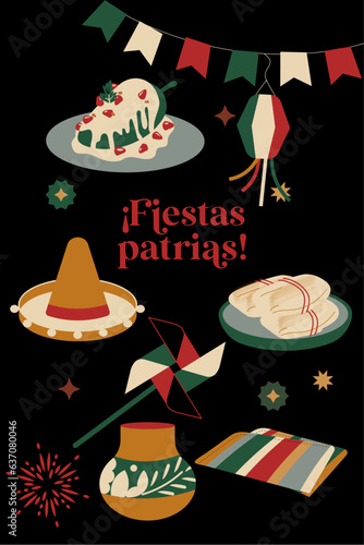 Invitación iconos para celebrar 15 de septiembre, grito de independencia ¡Viva México!, fiesta mexicana con decoraciones tradicionales cultura mexicana, comida mexicana. chiles rellenos nogada