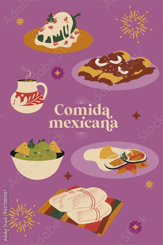 Iconos Comida mexicana tradicional fiestas patrias chile relleno en nogada, enchiladas, mole, café de olla, chilaquiles, guacamole y tamales