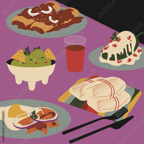Iconos mesa con Comida mexicana tradicional fiestas patrias chile relleno en nogada, enchiladas, mole, café de olla, agua jamaica, chilaquiles, guacamole y tamales. festejo mes patrio