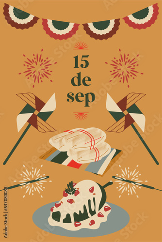 Invitación para celebrar 15 de septiembre, grito de independencia ¡Viva México!, fiesta mexicana con decoraciones tradicionales y comida mexicana. Rehilete tricolor, chiles rellenos en nogada, tamales