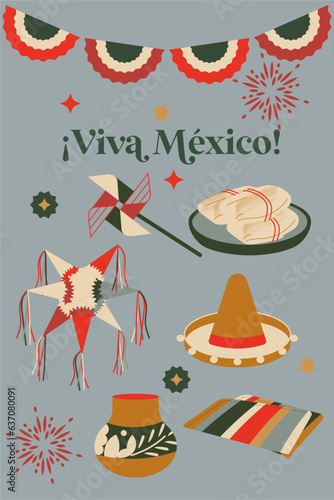 Invitación iconos para celebrar 15 de septiembre, grito de independencia ¡Viva México!, fiesta mexicana con decoraciones tradicionales y comida mexicana. Rehilete tricolor, sombrero, piñata y tamales