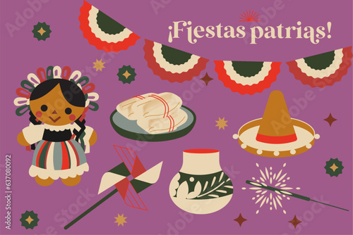 Invitación icono para celebrar 15 de septiembre, grito de independencia ¡Viva México!, fiesta mexicana con decoraciones tradicionales y comida mexicana