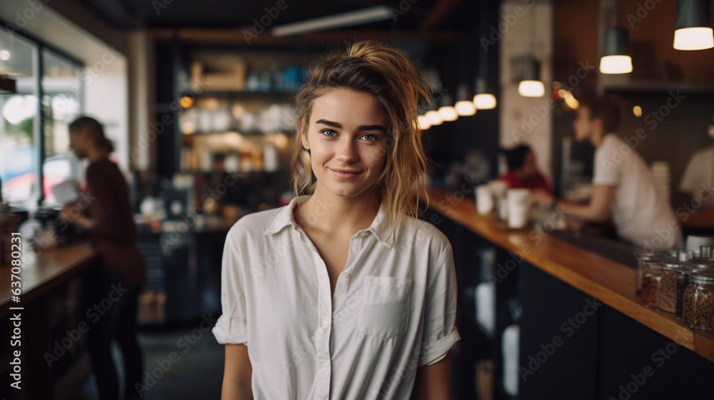 Young small business owner standing in her coffee shop, smiling with confidence and pride, happy, female worker Young small business owner standing in her coffee shop, smiling with confidence and pride, happy, female worker