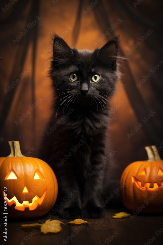 Fluffy cute black kitten with pumpkin jack o lantern on dark brown background with fall leaves. Halloween autumn concept. Vertical background Fluffy cute black kitten with pumpkin jack o lantern on dark brown background with fall leaves. Halloween autumn concept. Vertical background