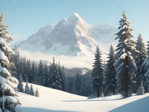 A stylized landscape of a snowy mountain with pine trees Generative AI © A.M