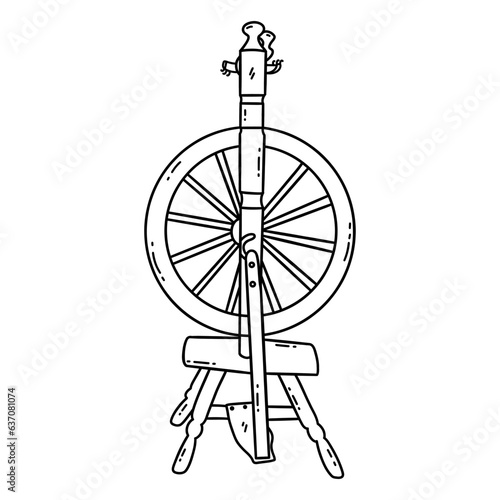 Old Russian wooden spinning wheel. Working tool for hand spinning thread of yarn. Traditional Russian culture among slavs. Black and white vector isolated illustration hand drawn doodle