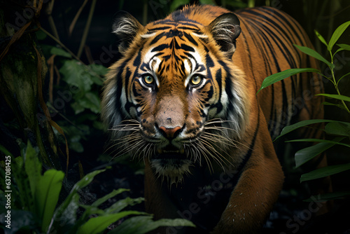 A Sumatran Tiger Prowls Through The Dense Rainforest
