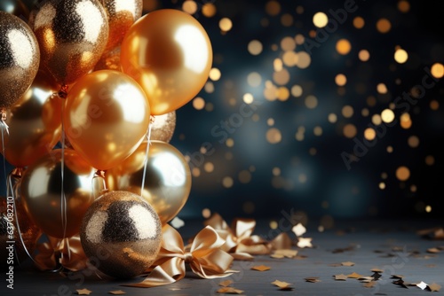 Composition of gold and silver balloons with helium and bokeh lights. Holiday, birthday or New Year concept. Party decoration. Background for invitation card with copy space