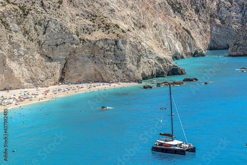 Porto Katsiki cliffy beach view from above in summer