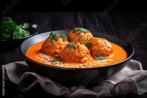 Malai kofta, traditional indian dish, vegetarian dumplings made of paneer and vegetables and creamy tomato based sauce. AI generative photo