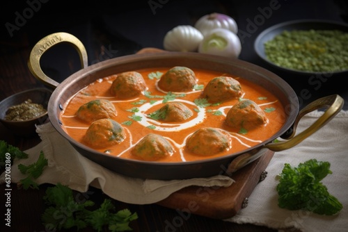 Kathal kofta curry, traditional indian vegetarian dish with balls made of jackfruit and a rich tomato-based gravy.  Flavorful and hearty local meal. AI generative photo