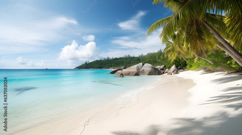 a view of a tropical beach with palm trees, sand, and turquoise water landscape photography Generative AI