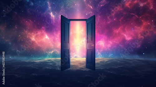 a door opening into a colorful galaxy. Generative Ai