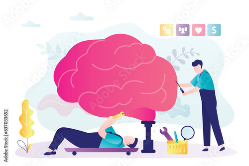 Team of doctors with instruments fixing and repair brain. Group of psychologists or psychiatrist repair patient mind with tools. Mental health recovery. Prevent and cure mental disorders.