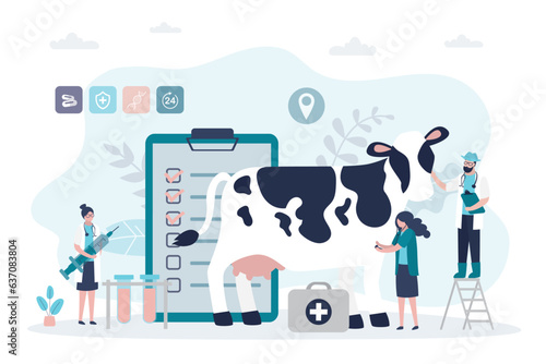 Group of veterinarians with cow. Veterinary services, health check center. Vet clinic services. Medical checkup for farm animals. Agriculture industry.
