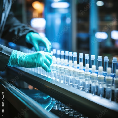 Close-up of scientist hand holding test tube with blue liquid in laboratory. Medical Laboratory