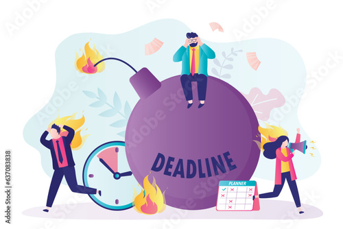 Bomb with burning fuse, business deadline, unhappy staff with flames on heads. Stress from being overwhelmed, heavy work schedules. Employees with burnout, psychological pressure,