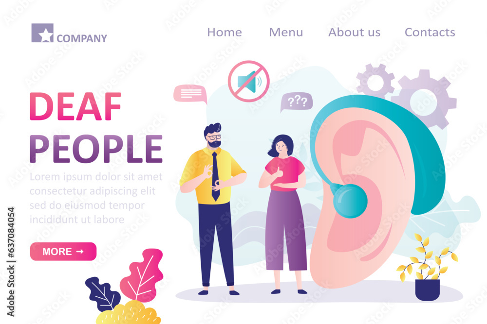 Deaf mute communication. Giant hear with hearing aid. Sign language and hearing loss. Deaf people talking with gestures, landing page template. Aid hear impaired ear deaf-mute people Deaf mute communication. Giant hear with hearing aid. Sign language and hearing loss. Deaf people talking with gestures, landing page template. Aid hear impaired ear deaf-mute people