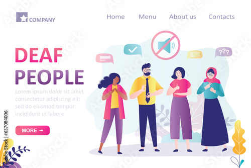 Deaf mute communication, landing page template. Sign language and hearing loss concept. Group of multiethnic deaf people talking with gestures. Colleagues communicate in language of deaf.