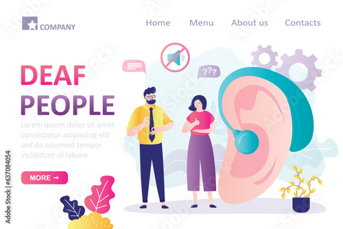 Deaf mute communication. Giant hear with hearing aid. Sign language and hearing loss. Deaf people talking with gestures, landing page template. Aid hear impaired ear deaf-mute people